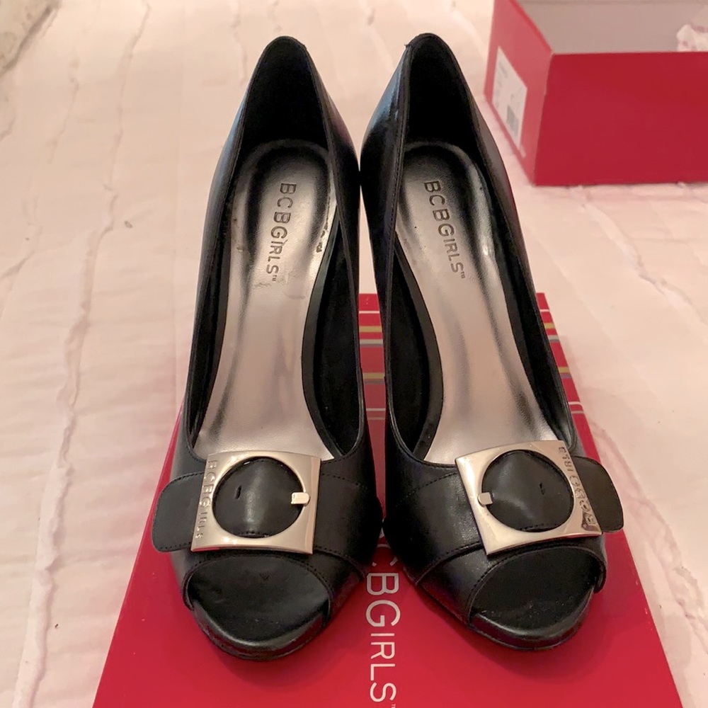 Bianca Black Buckle Peep Toe Heels